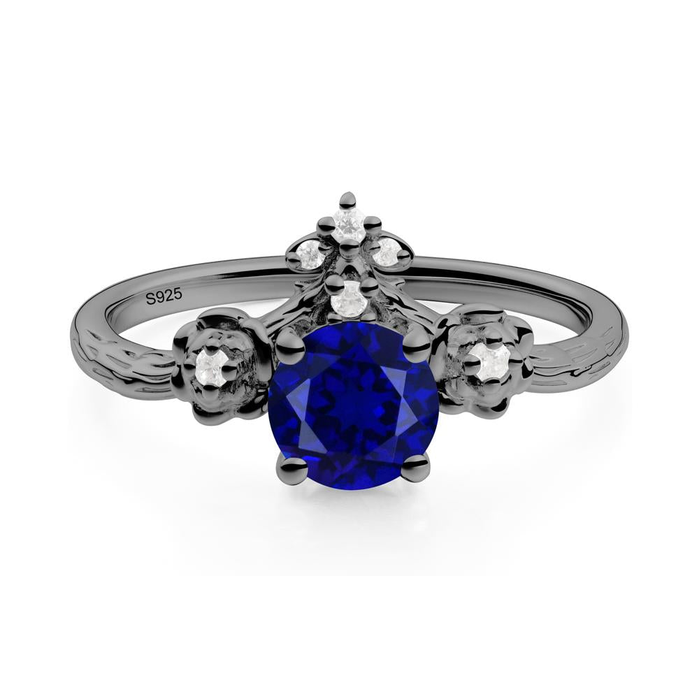 Round Sapphire Rose Ring with Wood Grain - LUO Jewelry #metal_black finish sterling silver