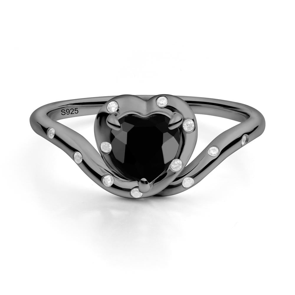 Curved Shank Heart-Shaped Black Spinel Ring - LUO Jewelry #metal_black finish sterling silver