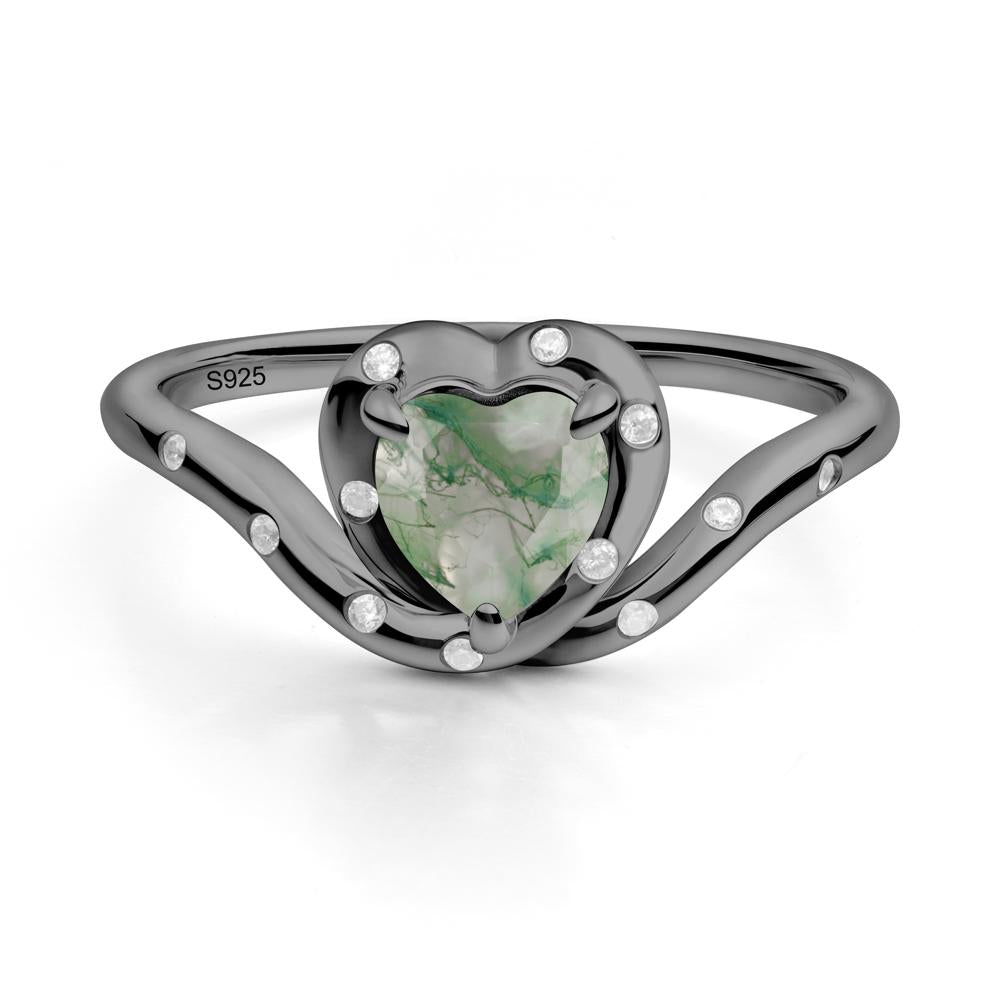 Curved Shank Heart-Shaped Moss Agate Ring - LUO Jewelry #metal_black finish sterling silver