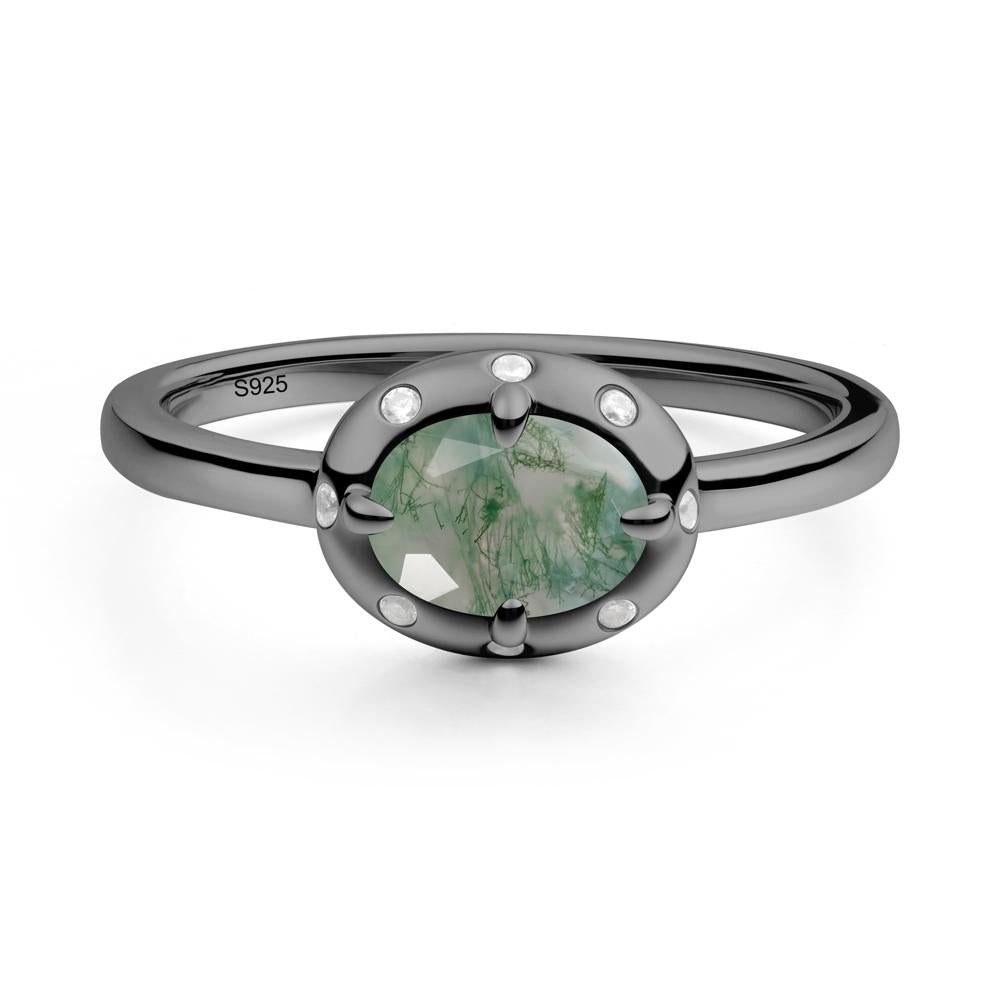 Oval Moss Agate Ring with Faux-Bezel Setting - LUO Jewelry #metal_black finish sterling silver