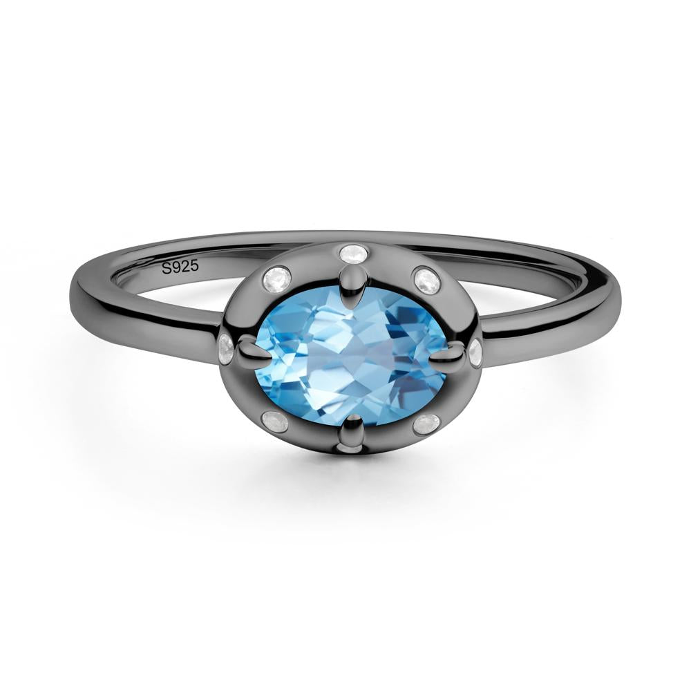 Oval Swiss Blue Topaz Ring with Faux-Bezel Setting - LUO Jewelry #metal_black finish sterling silver