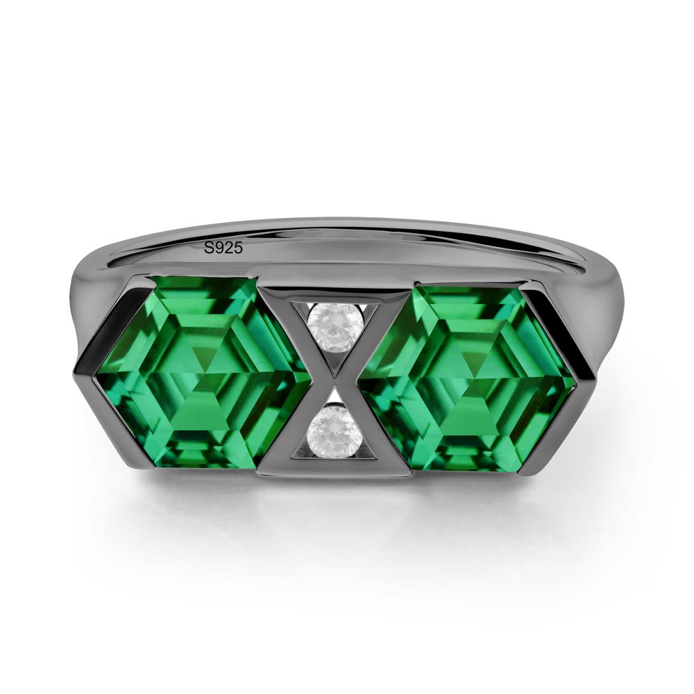 Hexagon Cut Emerald Toi Et Moi Ring - LUO Jewelry #metal_black finish sterling silver