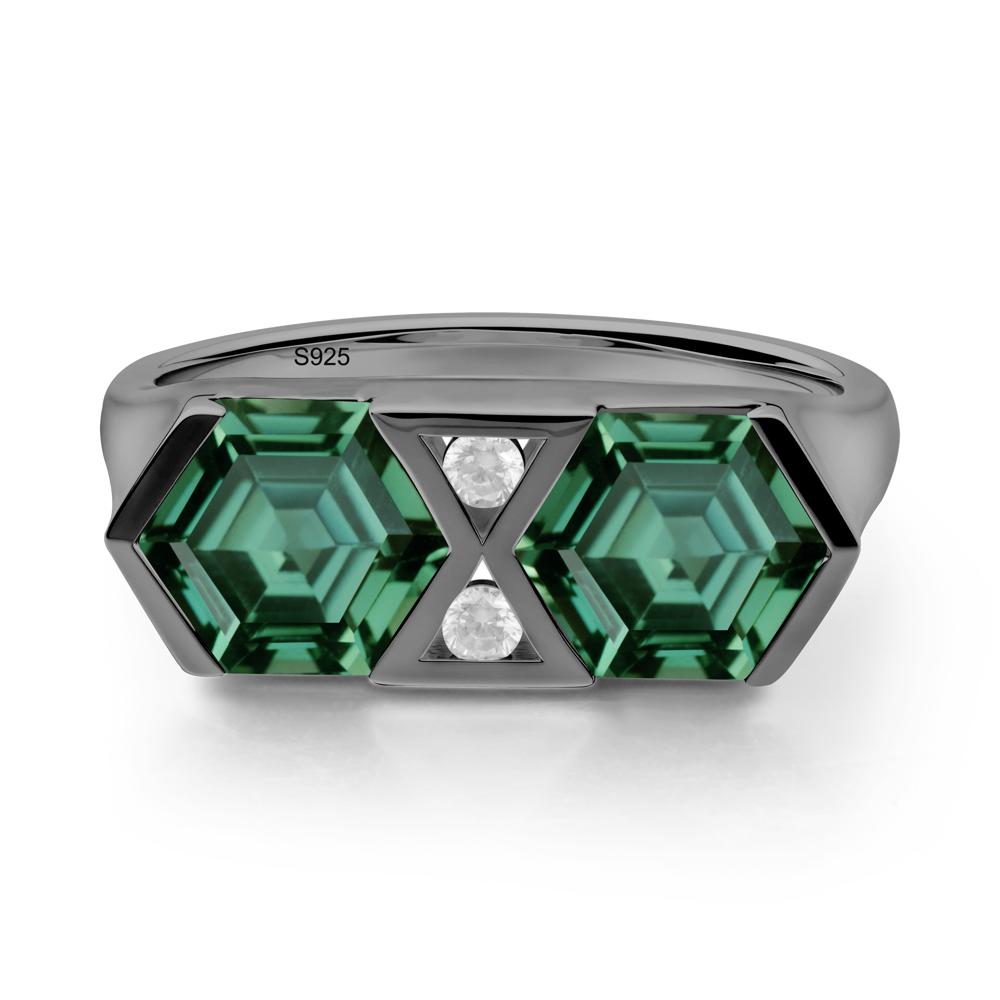 Hexagon Cut Green Sapphire Toi Et Moi Ring - LUO Jewelry #metal_black finish sterling silver