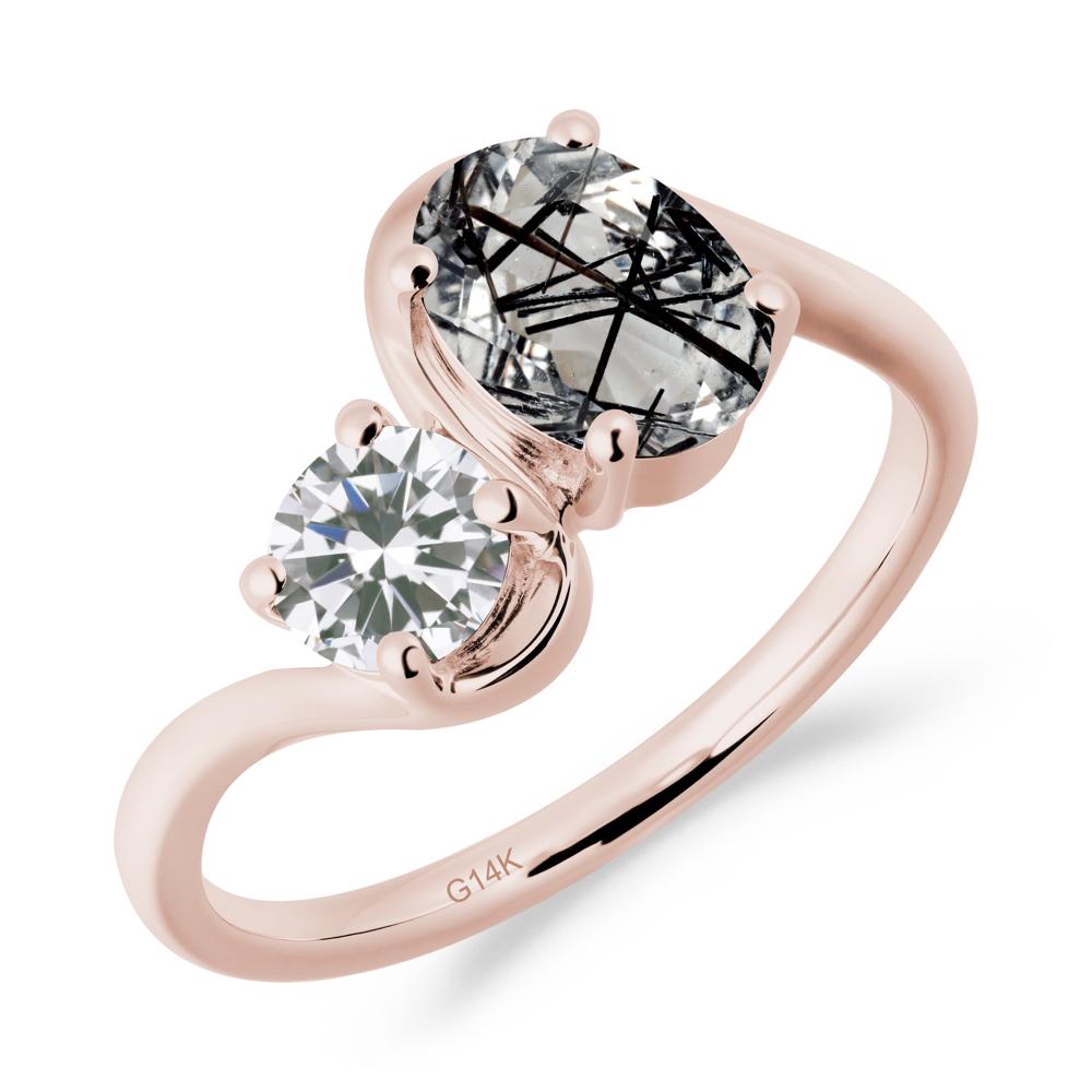 Wavy Bypass Ring with Black Rutilated Quartz and Cubic Zirconia - LUO Jewelry #metal_14k rose gold