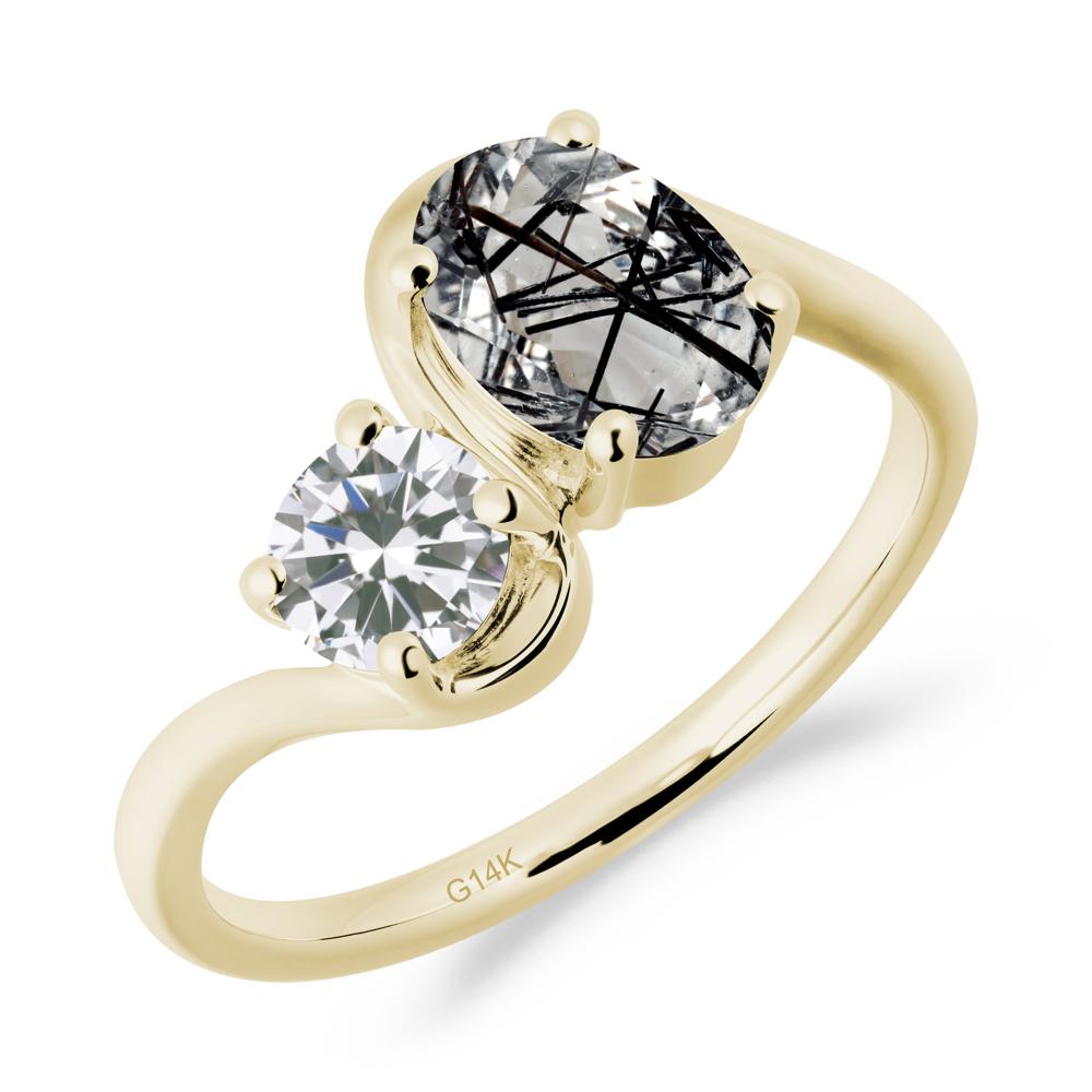 Wavy Bypass Ring with Black Rutilated Quartz and Cubic Zirconia - LUO Jewelry #metal_14k yellow gold