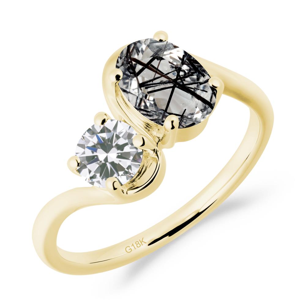 Wavy Bypass Ring with Black Rutilated Quartz and Cubic Zirconia - LUO Jewelry #metal_18k yellow gold