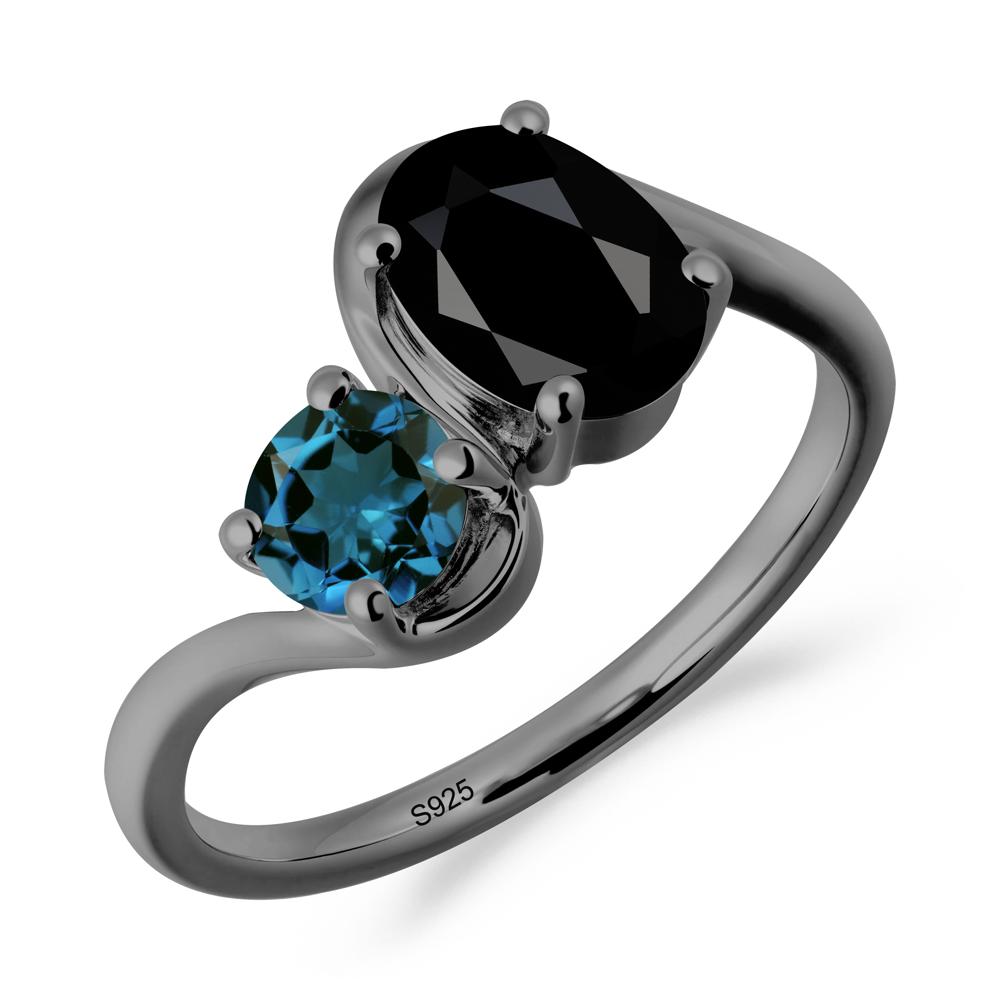Wavy Bypass Ring with Black Spinel and London Blue Topaz - LUO Jewelry #metal_black finish sterling silver