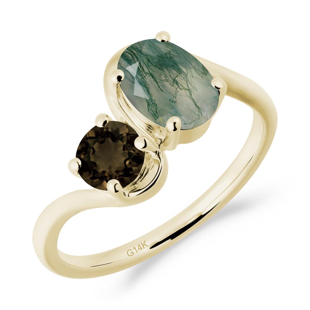 Wavy Bypass Ring with Moss Agate and Smoky Quartz - LUO Jewelry #metal_14k yellow gold