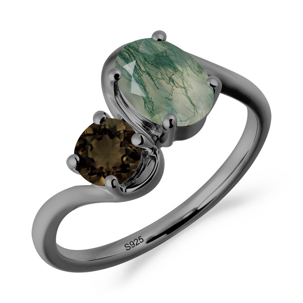 Wavy Bypass Ring with Moss Agate and Smoky Quartz - LUO Jewelry #metal_black finish sterling silver