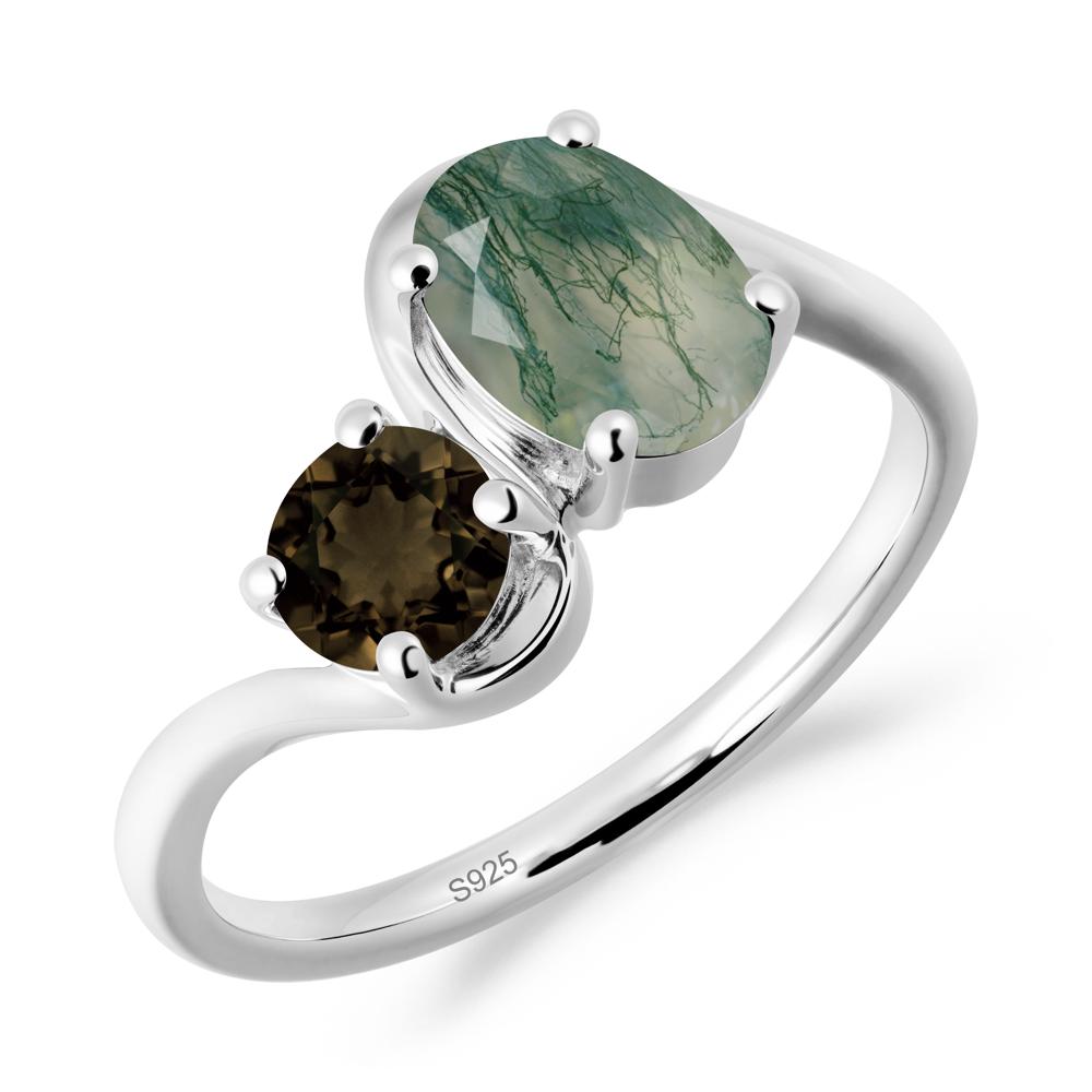 Wavy Bypass Ring with Moss Agate and Smoky Quartz - LUO Jewelry #metal_sterling silver