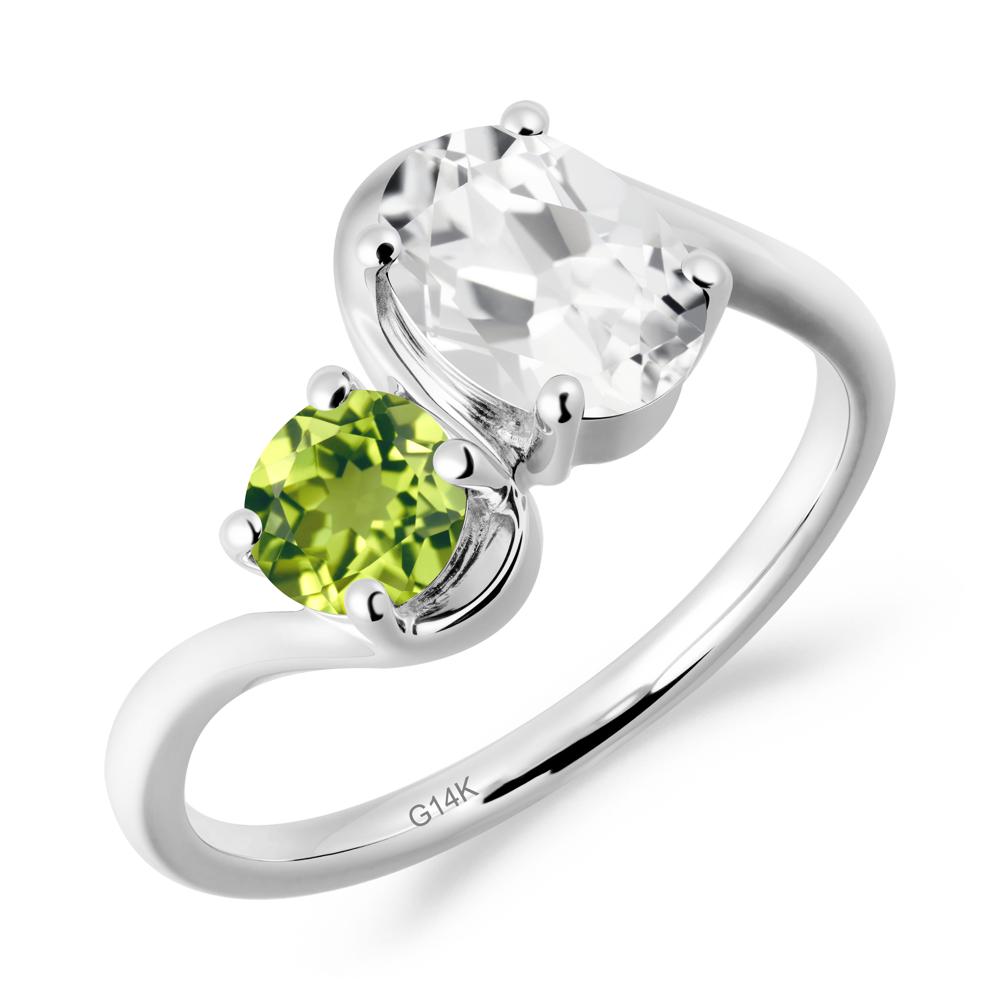Wavy Bypass White Topaz and Peridot Toi Et Moi Ring - LUO Jewelry #metal_14k white gold