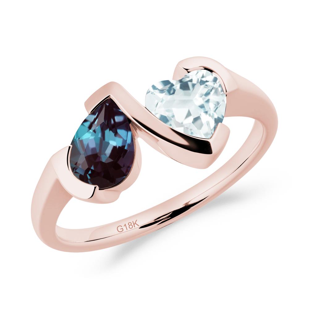 Heart and Pear Alexandrite and Aquamarine Two Stone Ring - LUO Jewelry #metal_18k rose gold