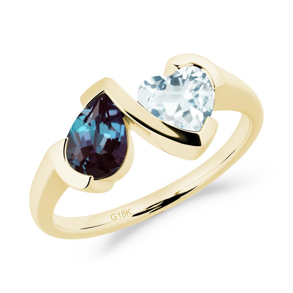 Heart and Pear Alexandrite and Aquamarine Two Stone Ring - LUO Jewelry #metal_18k yellow gold