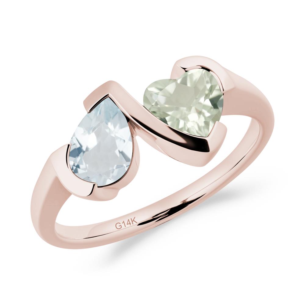 Bezel Set Aquamarine and Green Amethyst Toi Et Moi Ring - LUO Jewelry #metal_14k rose gold