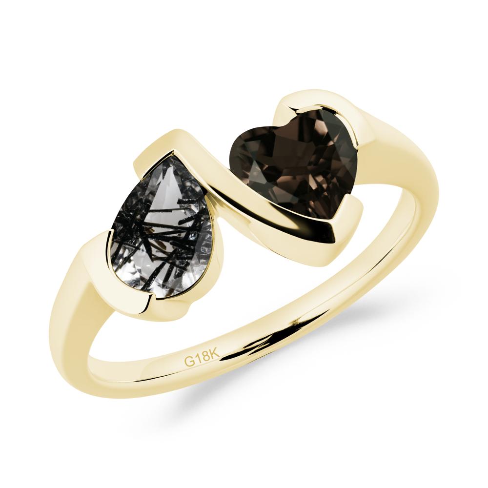 Bezel Set Black Rutilated Quartz and Smoky Quartz Toi Et Moi Ring - LUO Jewelry #metal_18k yellow gold