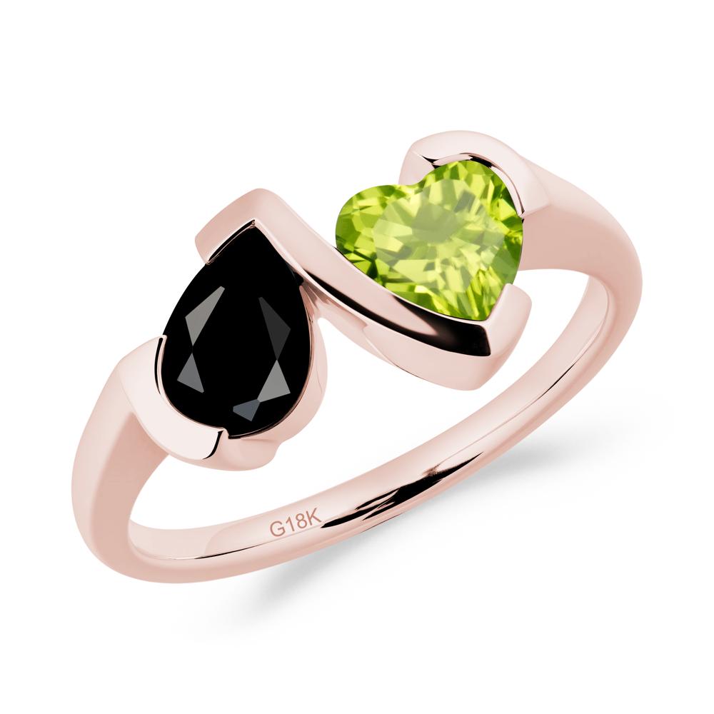 Heart and Pear Black Spinel and Peridot Two Stone Ring - LUO Jewelry #metal_18k rose gold
