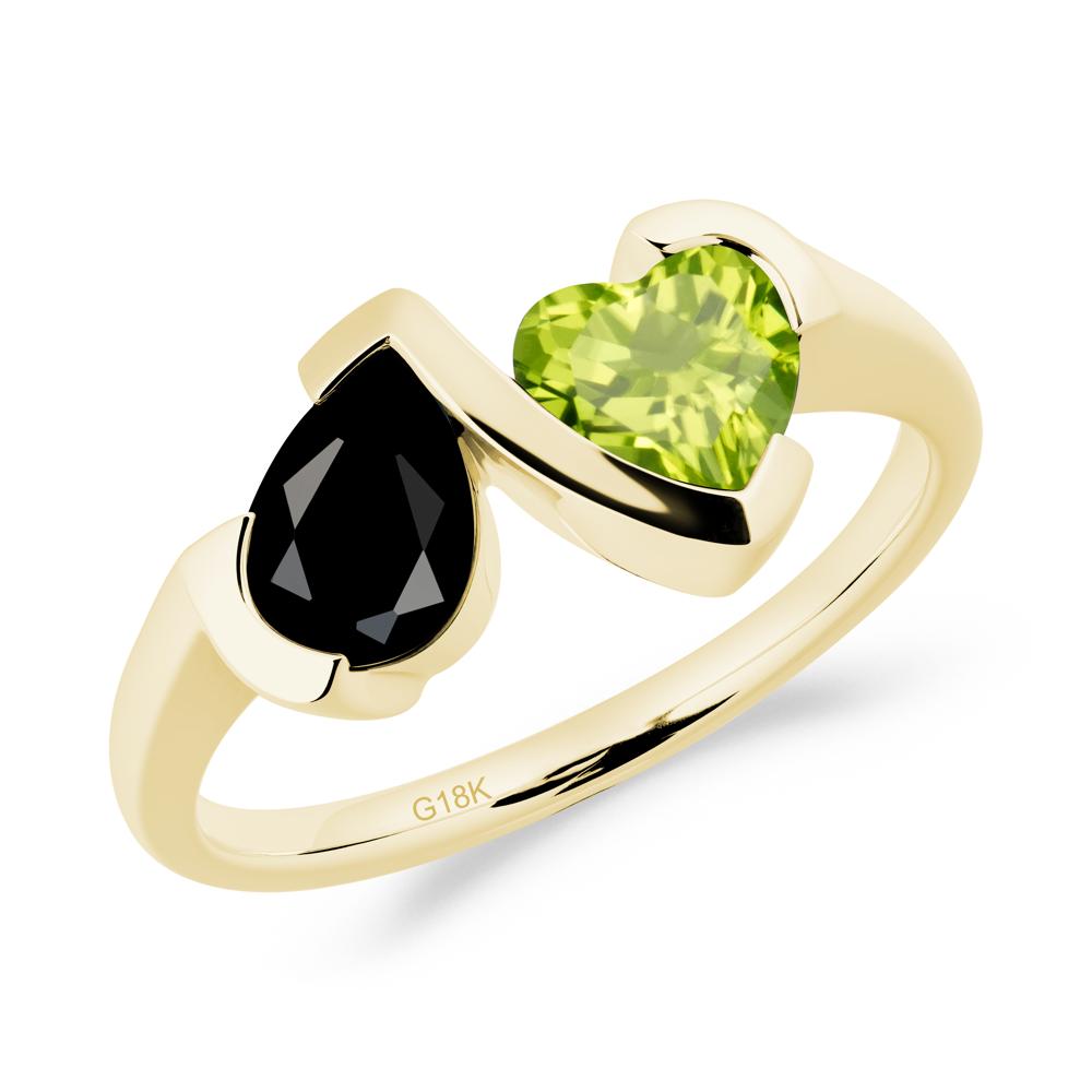 Heart and Pear Black Spinel and Peridot Two Stone Ring - LUO Jewelry #metal_18k yellow gold
