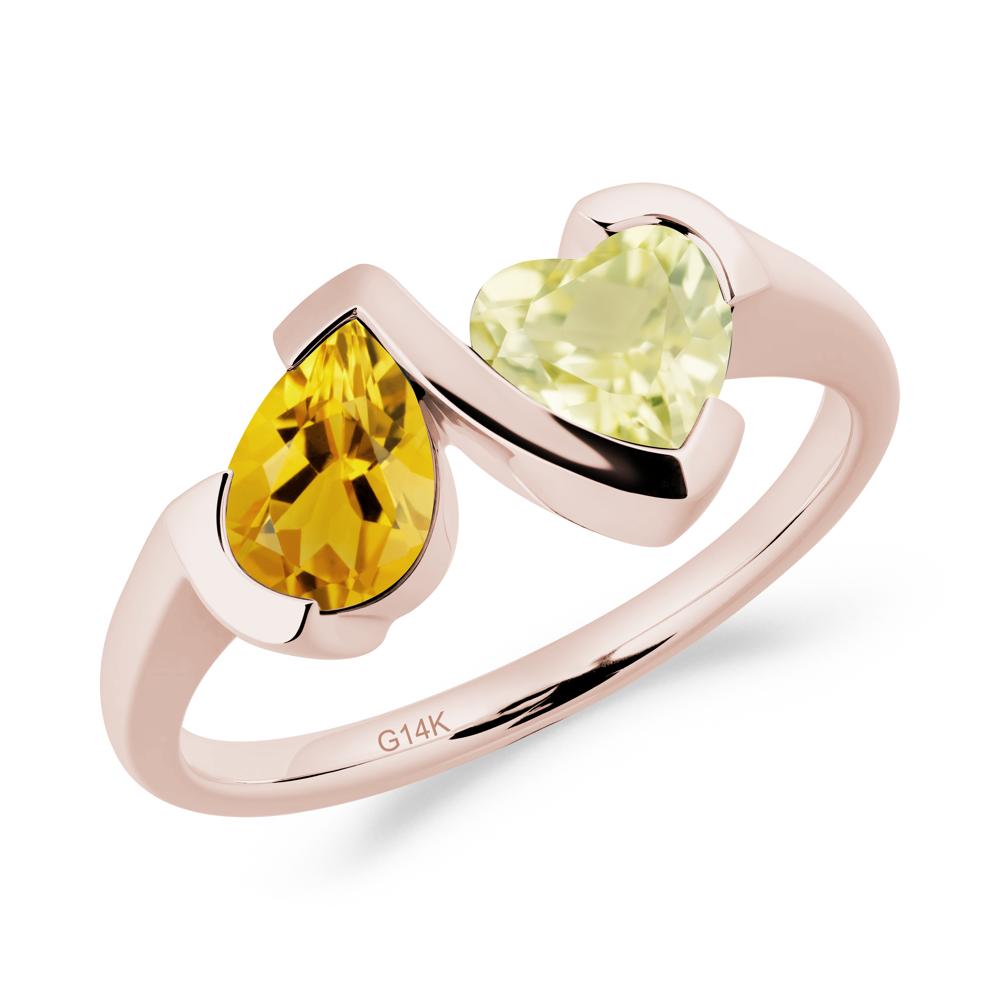 Heart and Pear Citrine and Lemon Quartz Two Stone Ring - LUO Jewelry #metal_14k rose gold