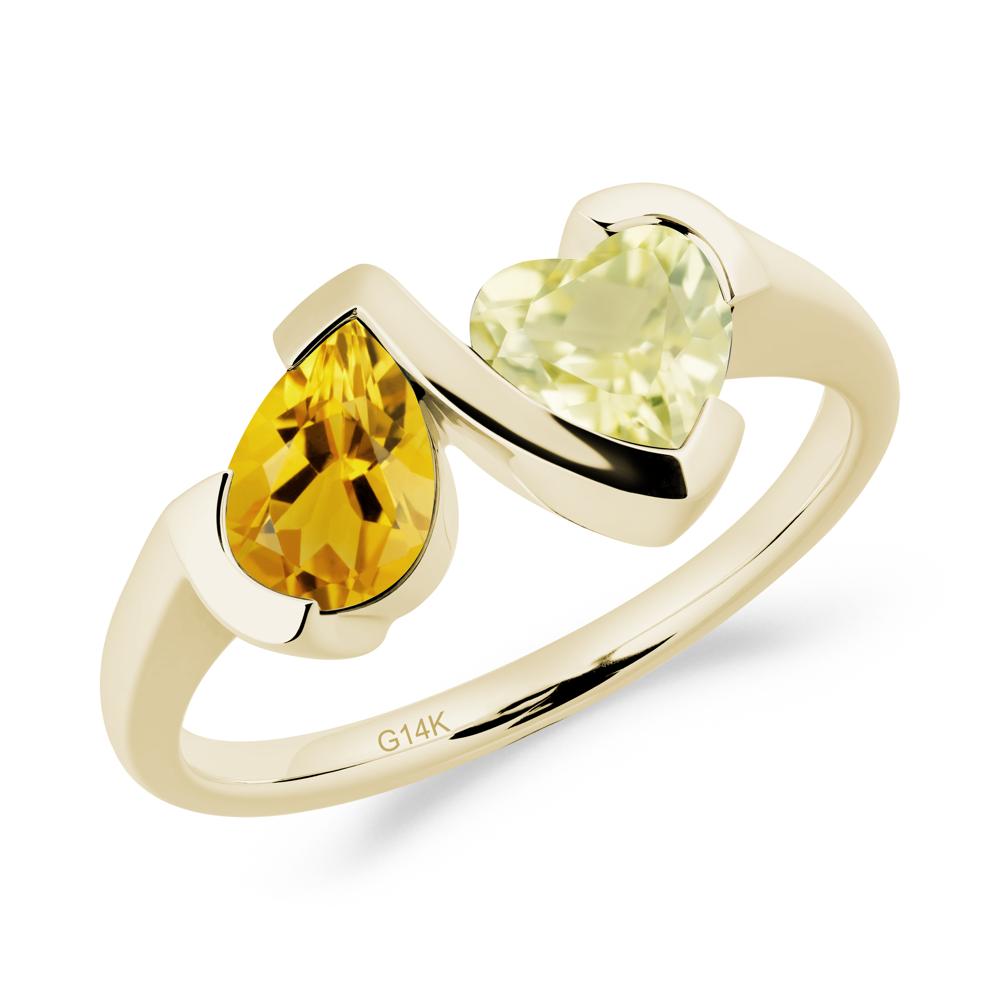 Heart and Pear Citrine and Lemon Quartz Two Stone Ring - LUO Jewelry #metal_14k yellow gold