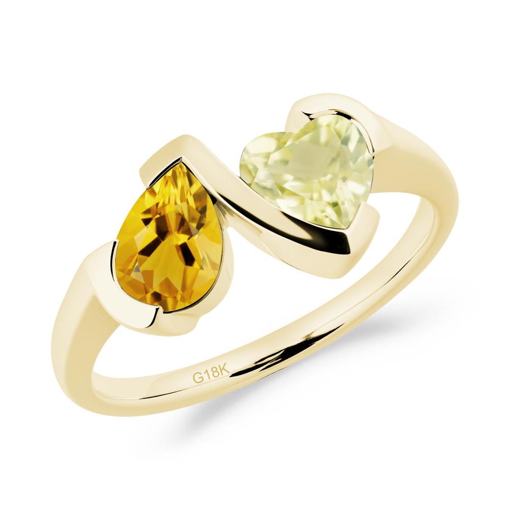 Heart and Pear Citrine and Lemon Quartz Two Stone Ring - LUO Jewelry #metal_18k yellow gold