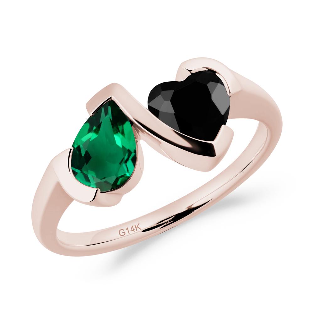 Heart and Pear Emerald and Black Spinel Two Stone Ring - LUO Jewelry #metal_14k rose gold