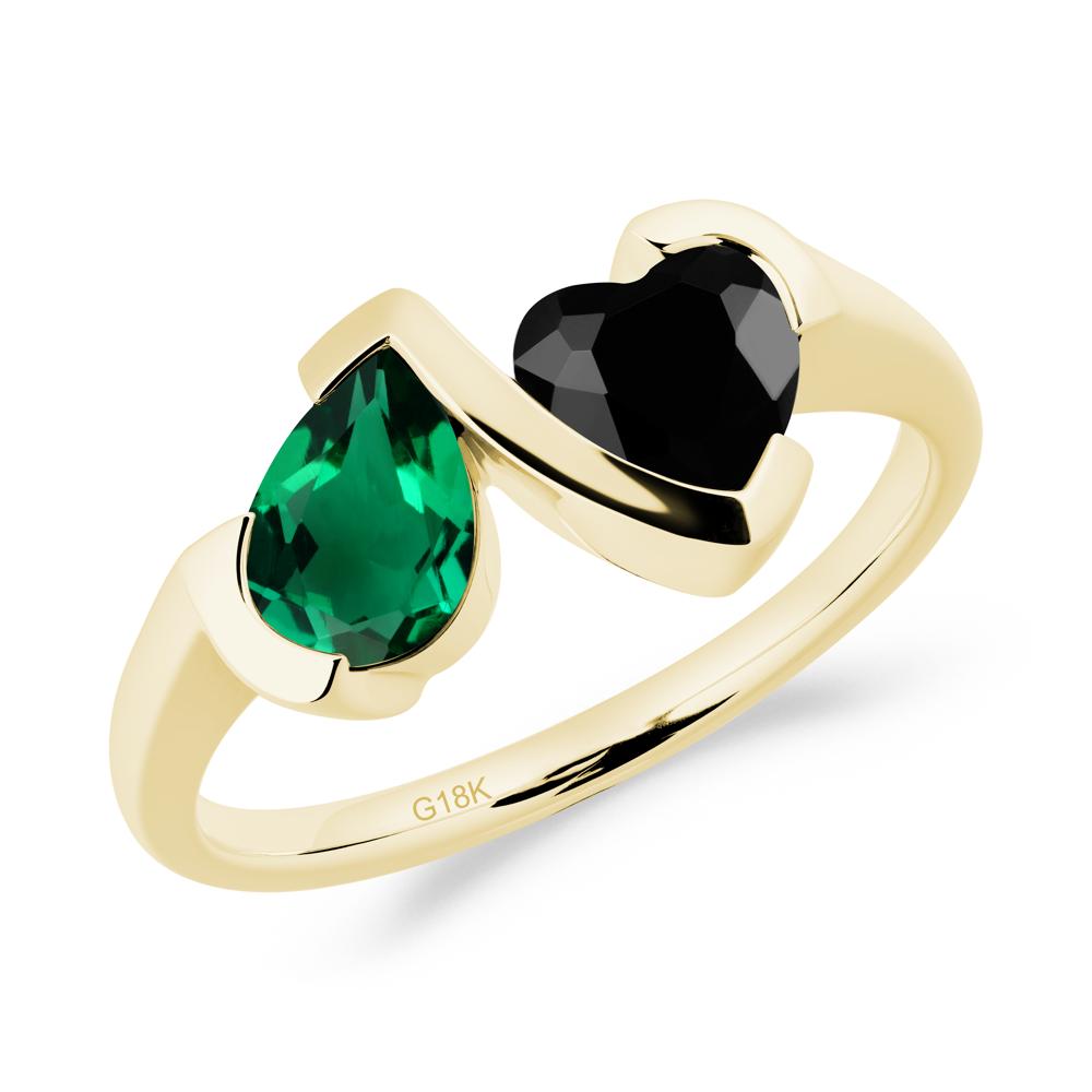Heart and Pear Emerald and Black Spinel Two Stone Ring - LUO Jewelry #metal_18k yellow gold