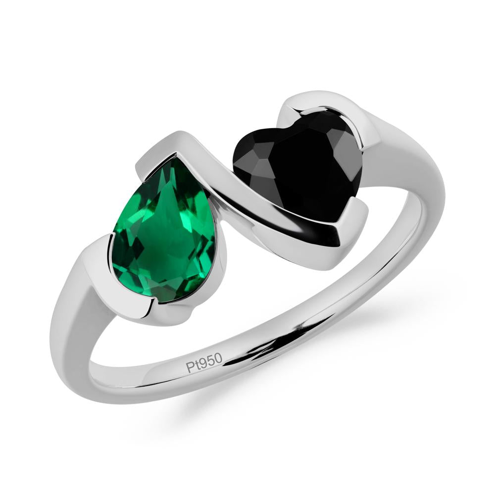 Heart and Pear Emerald and Black Spinel Two Stone Ring - LUO Jewelry #metal_platinum