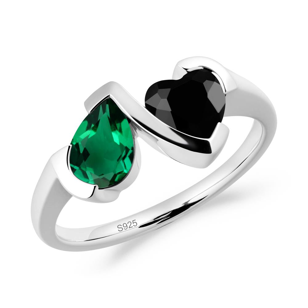 Heart and Pear Emerald and Black Spinel Two Stone Ring - LUO Jewelry #metal_sterling silver