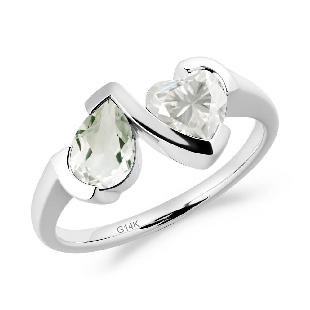 Heart and Pear Green Amethyst and Moissanite Two Stone Ring - LUO Jewelry #metal_14k white gold