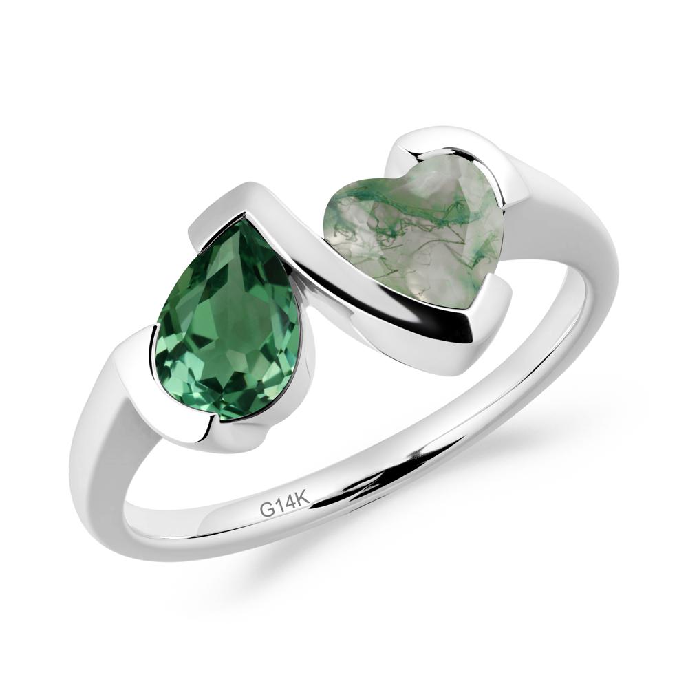 Heart and Pear Green Sapphire and Moss Agate Two Stone Ring - LUO Jewelry #metal_14k white gold
