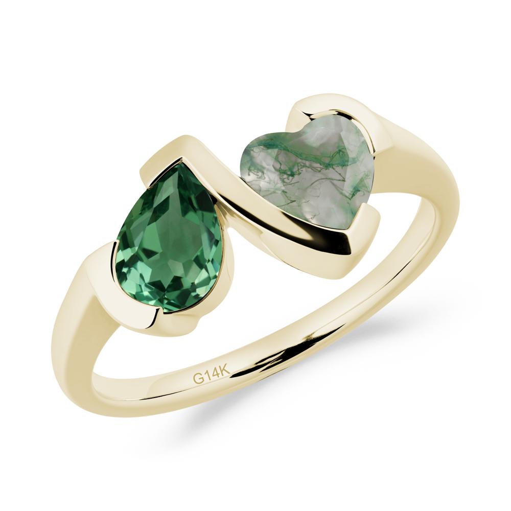Heart and Pear Green Sapphire and Moss Agate Two Stone Ring - LUO Jewelry #metal_14k yellow gold
