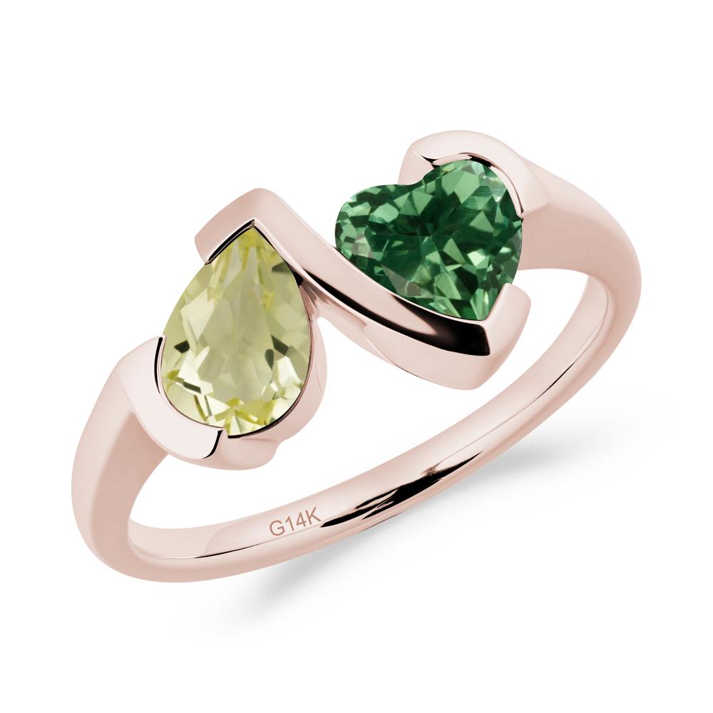 Bezel Set Lemon Quartz and Green Sapphire Toi Et Moi Ring - LUO Jewelry #metal_14k rose gold