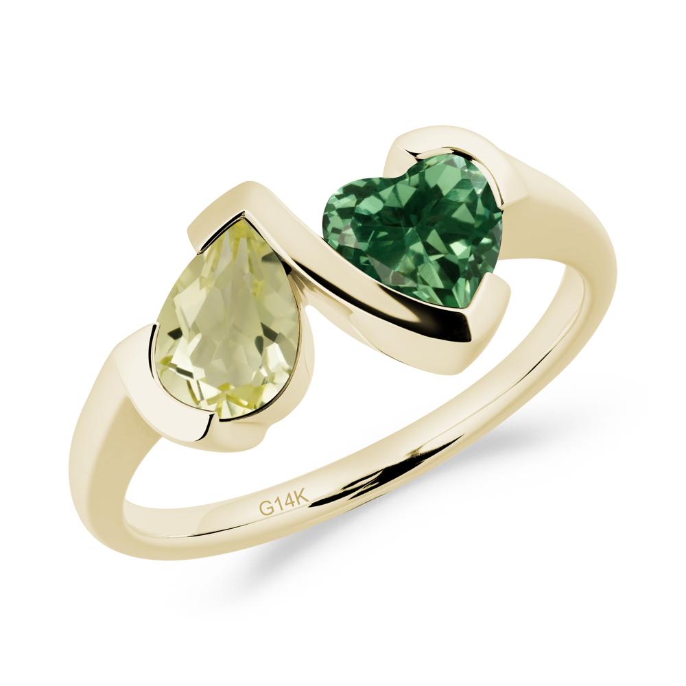 Bezel Set Lemon Quartz and Green Sapphire Toi Et Moi Ring - LUO Jewelry #metal_14k yellow gold