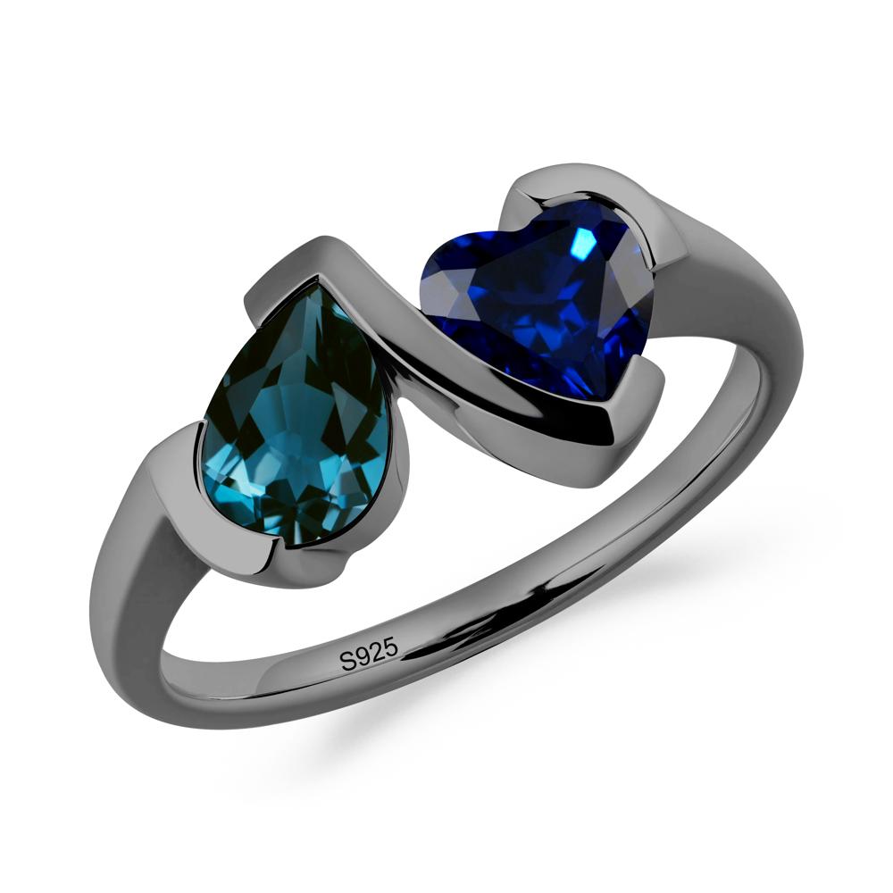 Heart and Pear London Blue Topaz and Sapphire Two Stone Ring - LUO Jewelry #metal_black finish sterling silver