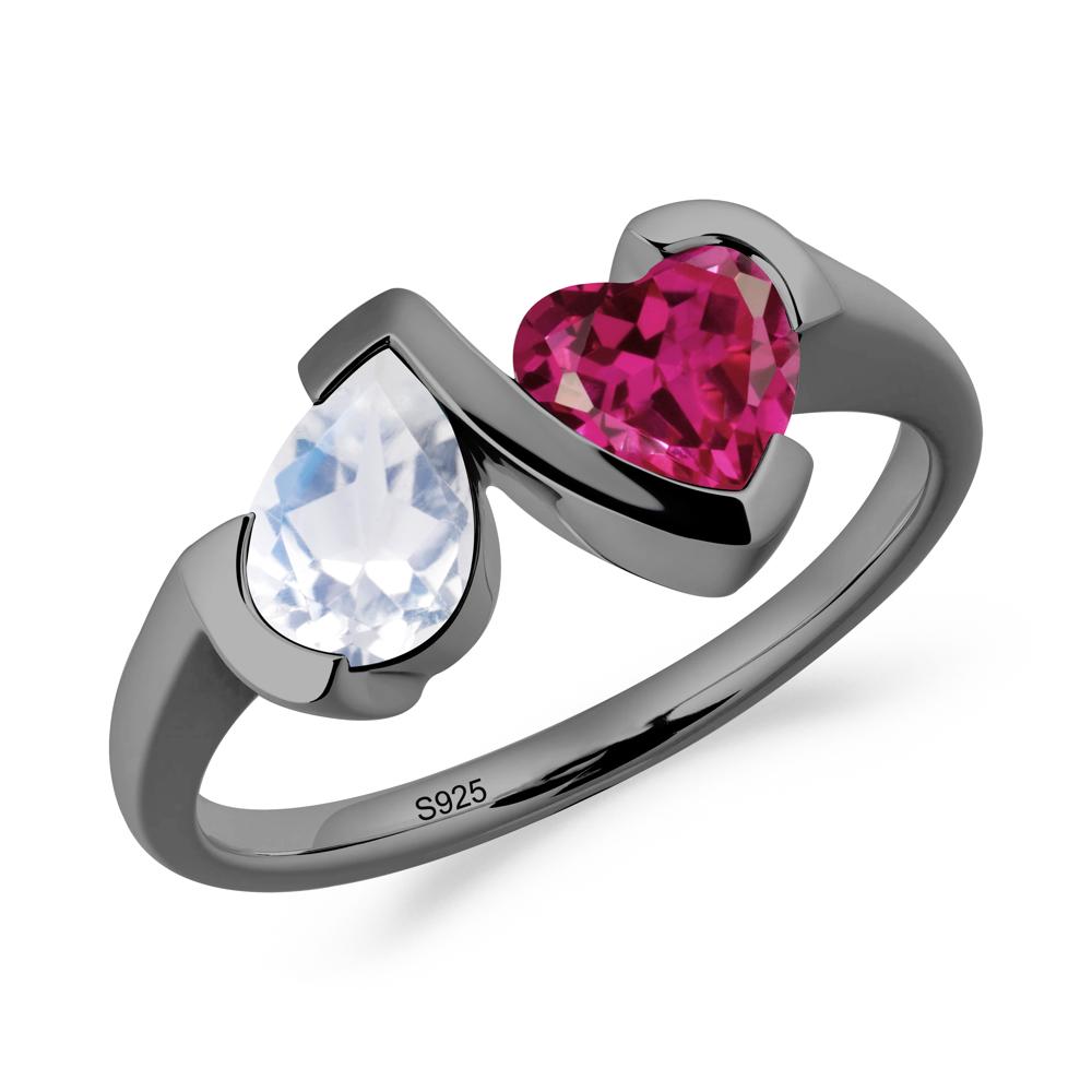 Bezel Set Moonstone and Ruby Toi Et Moi Ring - LUO Jewelry #metal_black finish sterling silver