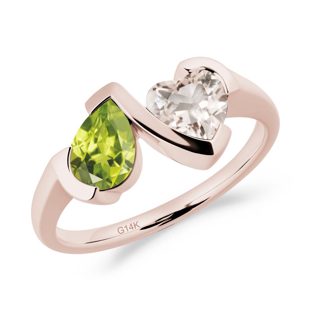 Bezel Set Peridot and Morganite Toi Et Moi Ring - LUO Jewelry #metal_14k rose gold