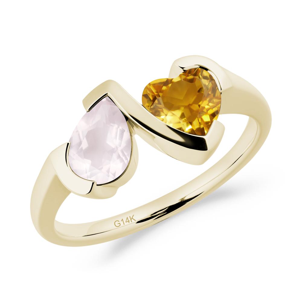 Bezel Set Rose Quartz and Citrine Toi Et Moi Ring - LUO Jewelry #metal_14k yellow gold