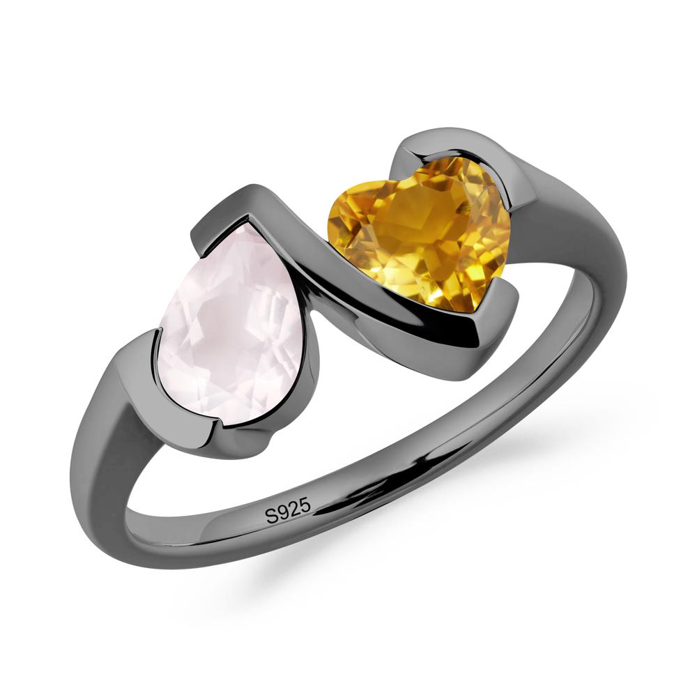 Bezel Set Rose Quartz and Citrine Toi Et Moi Ring - LUO Jewelry #metal_black finish sterling silver