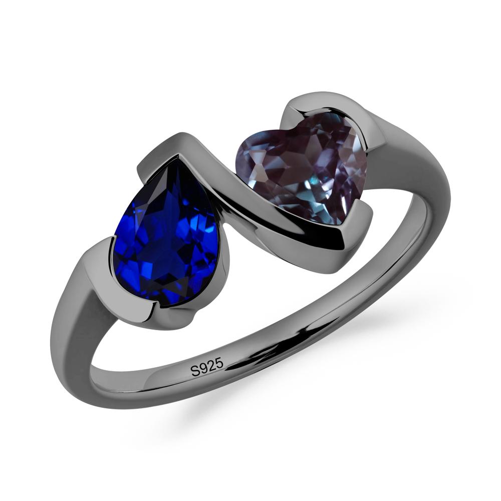 Heart and Pear Sapphire and Alexandrite Two Stone Ring - LUO Jewelry #metal_black finish sterling silver