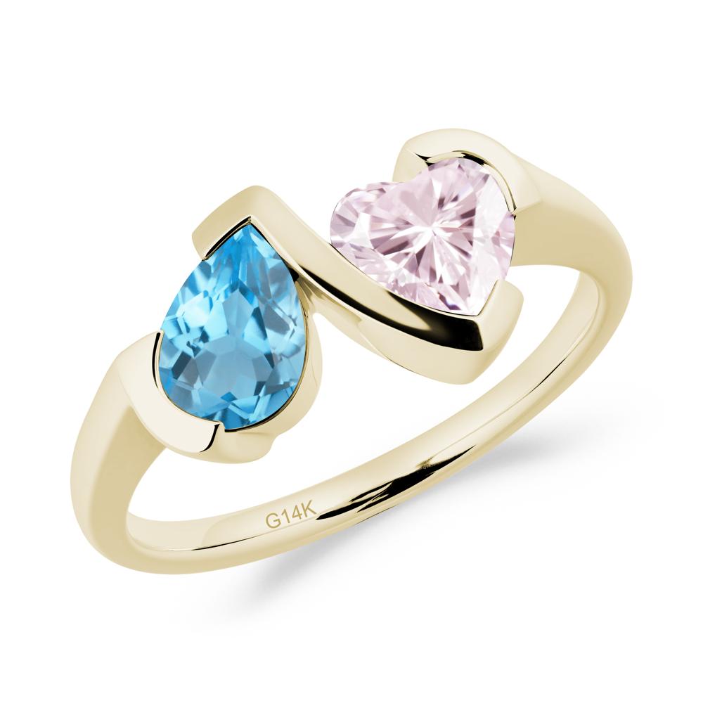 Heart and Pear Swiss Blue Topaz and Pink Cubic Zirconia Two Stone Ring - LUO Jewelry #metal_14k yellow gold