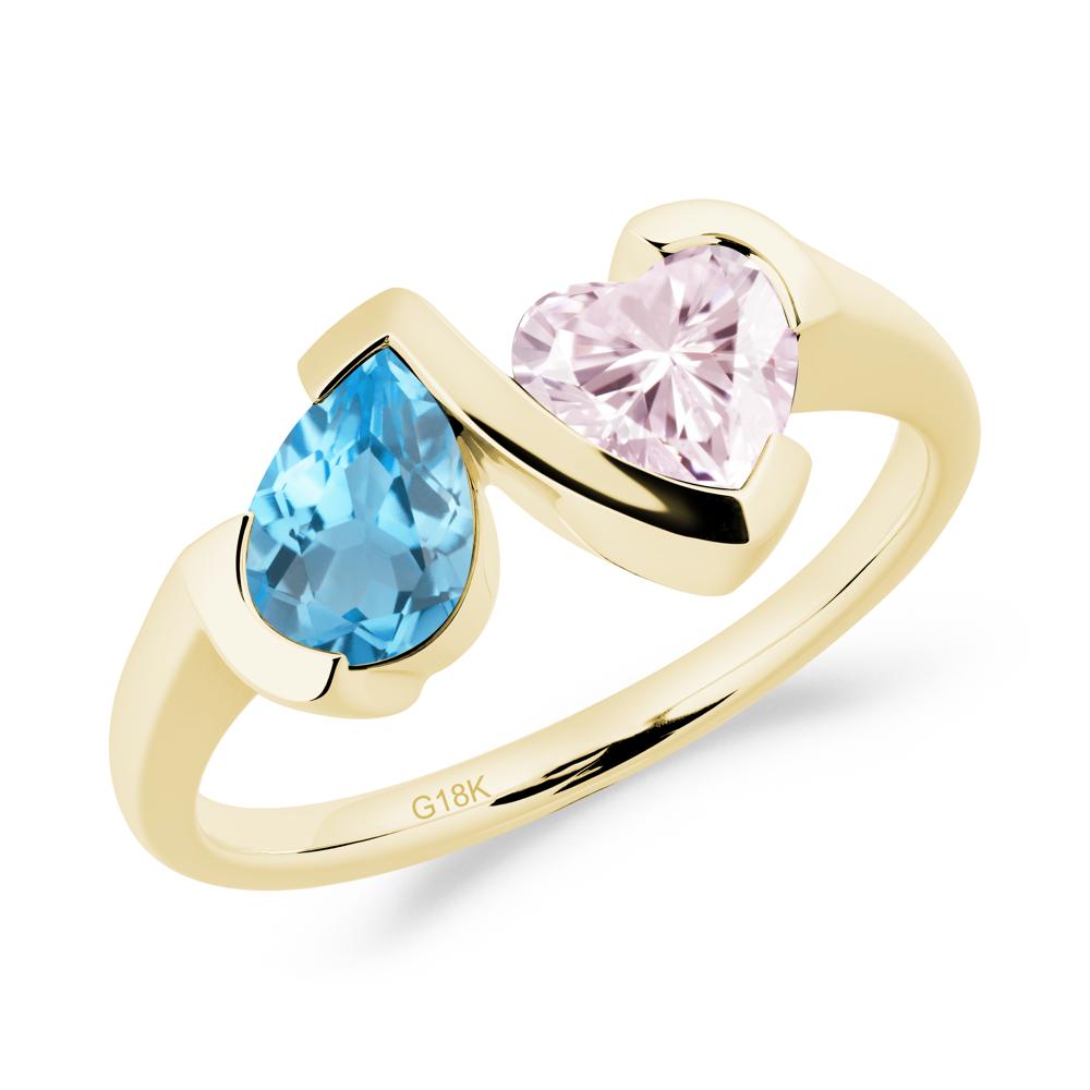 Heart and Pear Swiss Blue Topaz and Pink Cubic Zirconia Two Stone Ring - LUO Jewelry #metal_18k yellow gold