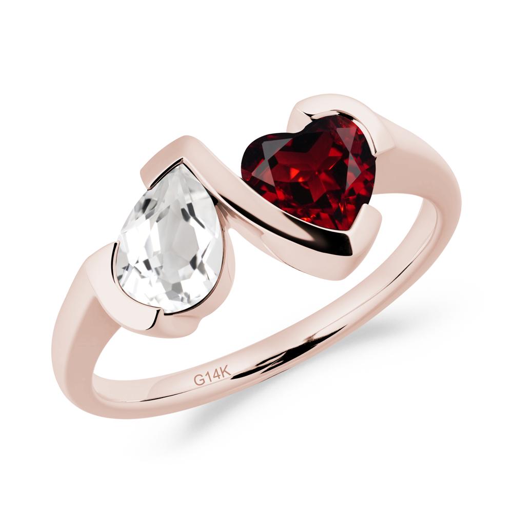 Heart and Pear White Topaz and Garnet Two Stone Ring - LUO Jewelry #metal_14k rose gold