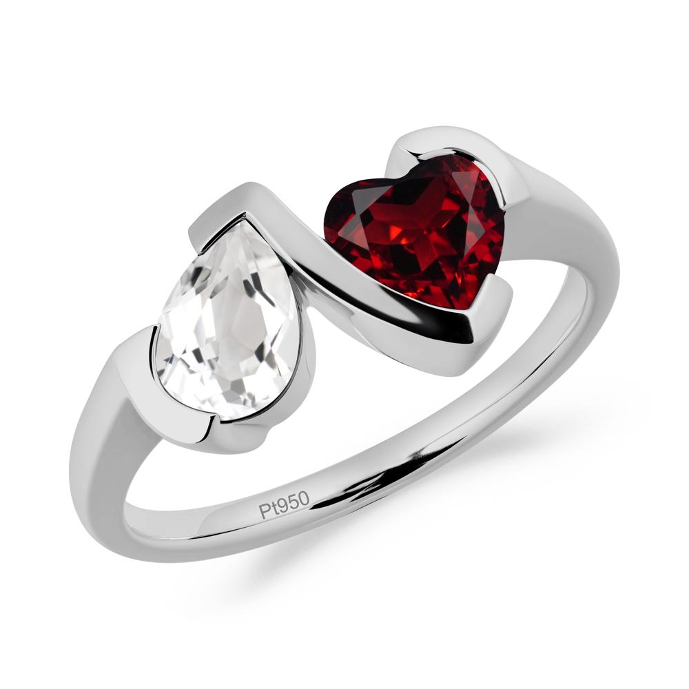 Heart and Pear White Topaz and Garnet Two Stone Ring - LUO Jewelry #metal_platinum