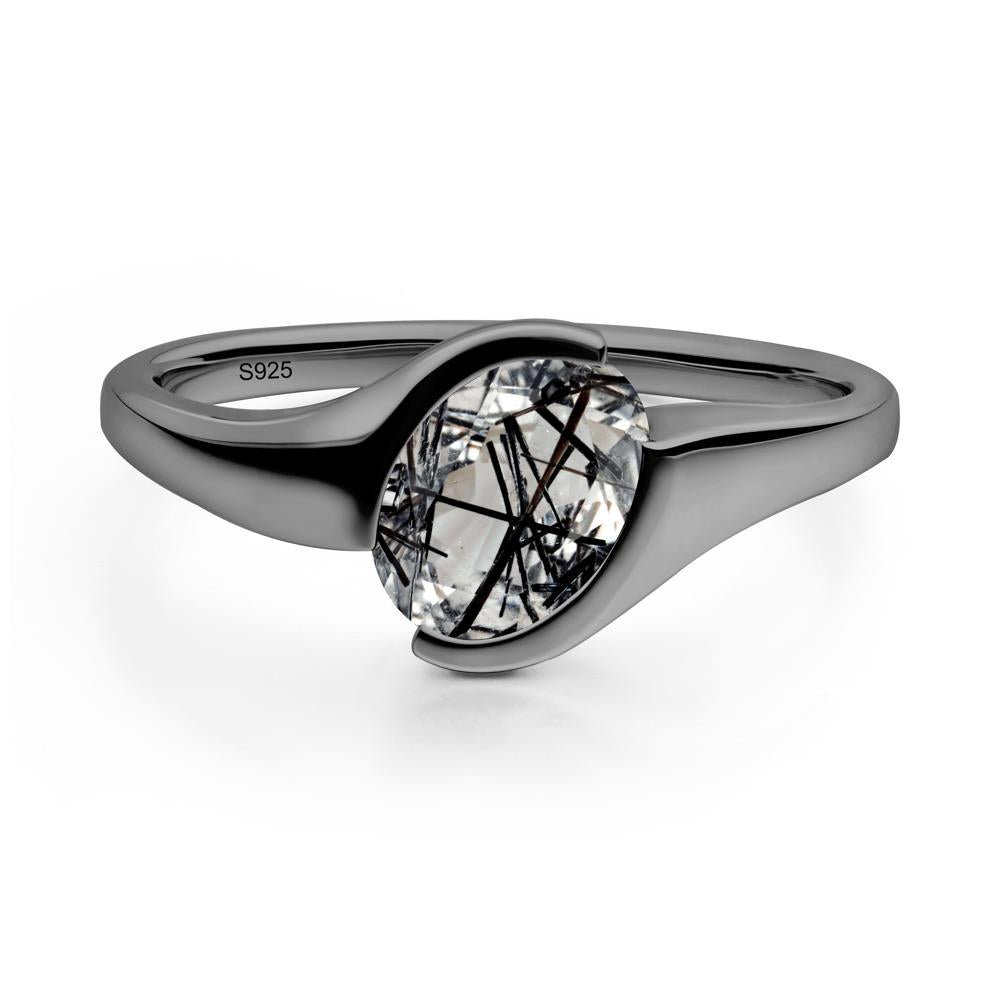 Oval Cut Black Rutilated Quartz Solitaire Bypass Ring - LUO Jewelry #metal_black finish sterling silver