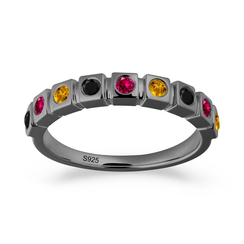 Rainbow Black Spinel and Ruby and Citrine Eternity Ring - LUO Jewelry #metal_black finish sterling silver