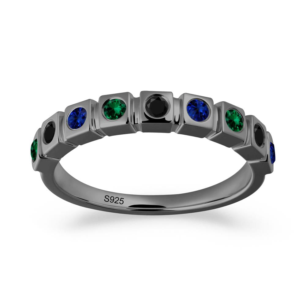 Rainbow Black Spinel and Emerald and Sapphire Eternity Ring - LUO Jewelry #metal_black finish sterling silver