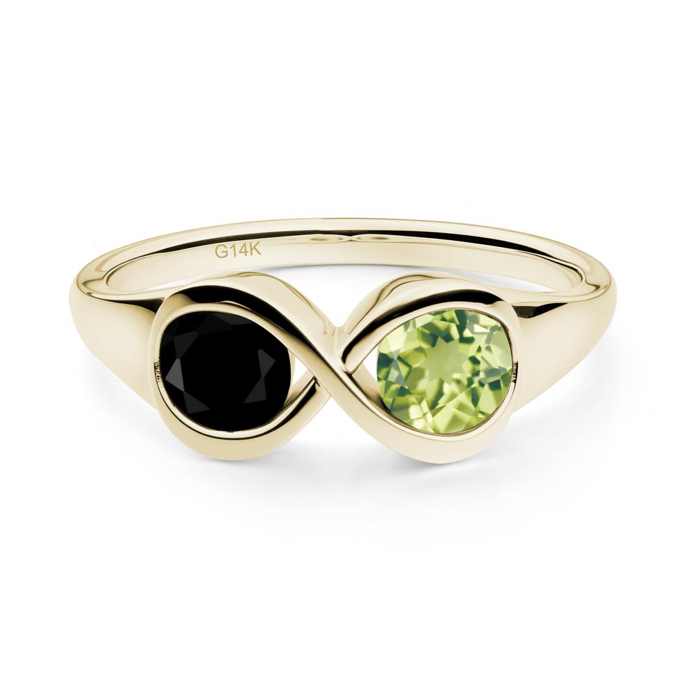 Round Black Spinel and Peridot Infinity Ring - LUO Jewelry #metal_14k yellow gold