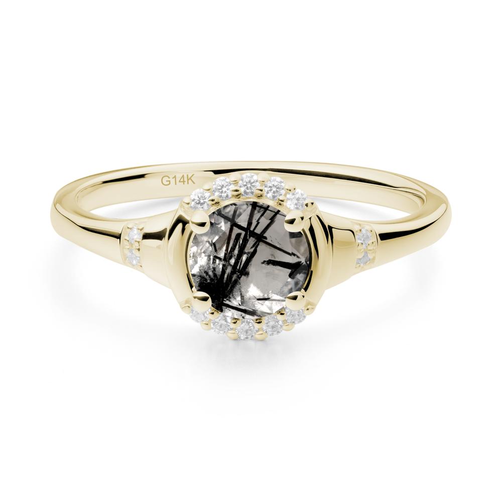 Round Black Rutilated Quartz Halo Ring - LUO Jewelry #metal_14k yellow gold