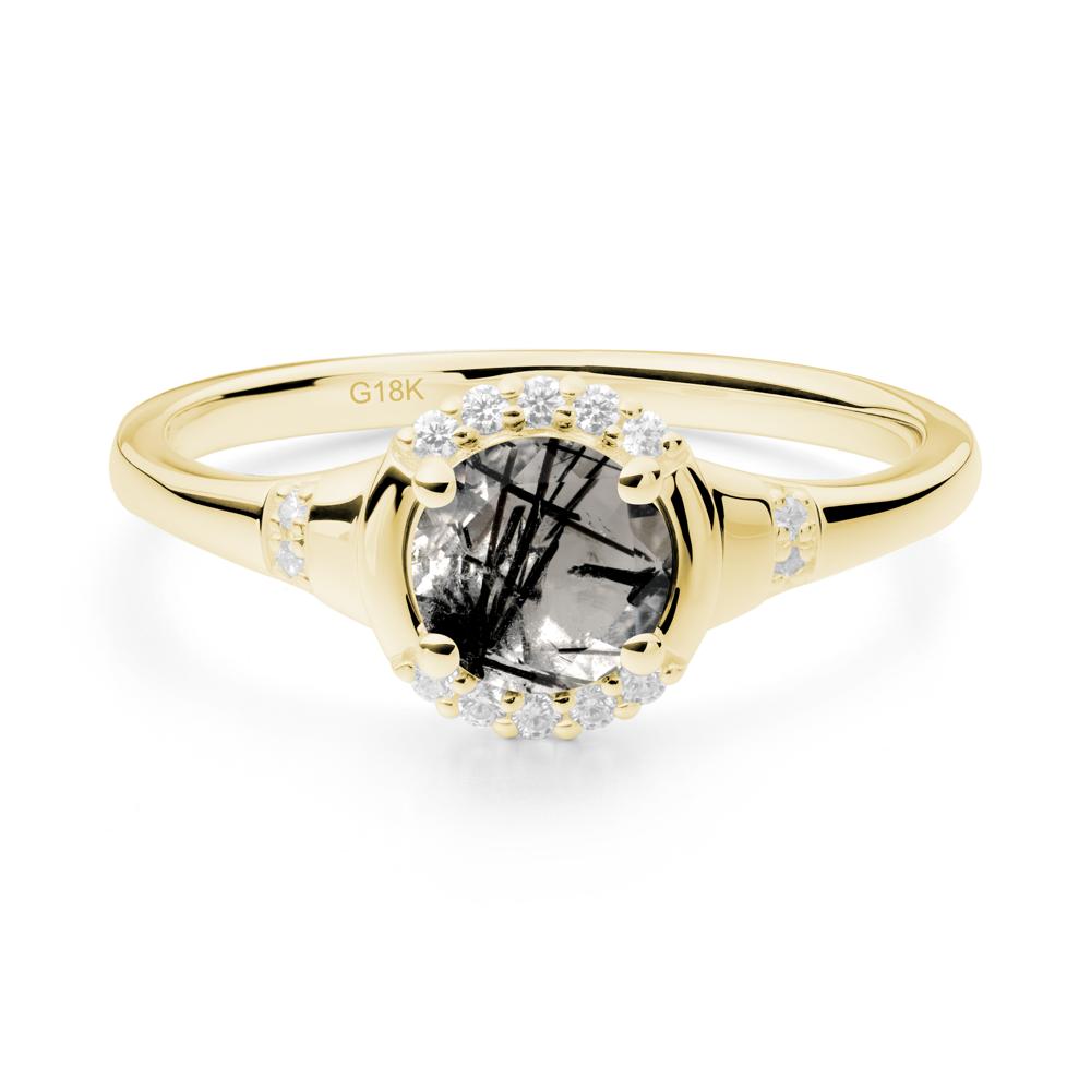 Round Black Rutilated Quartz Halo Ring - LUO Jewelry #metal_18k yellow gold