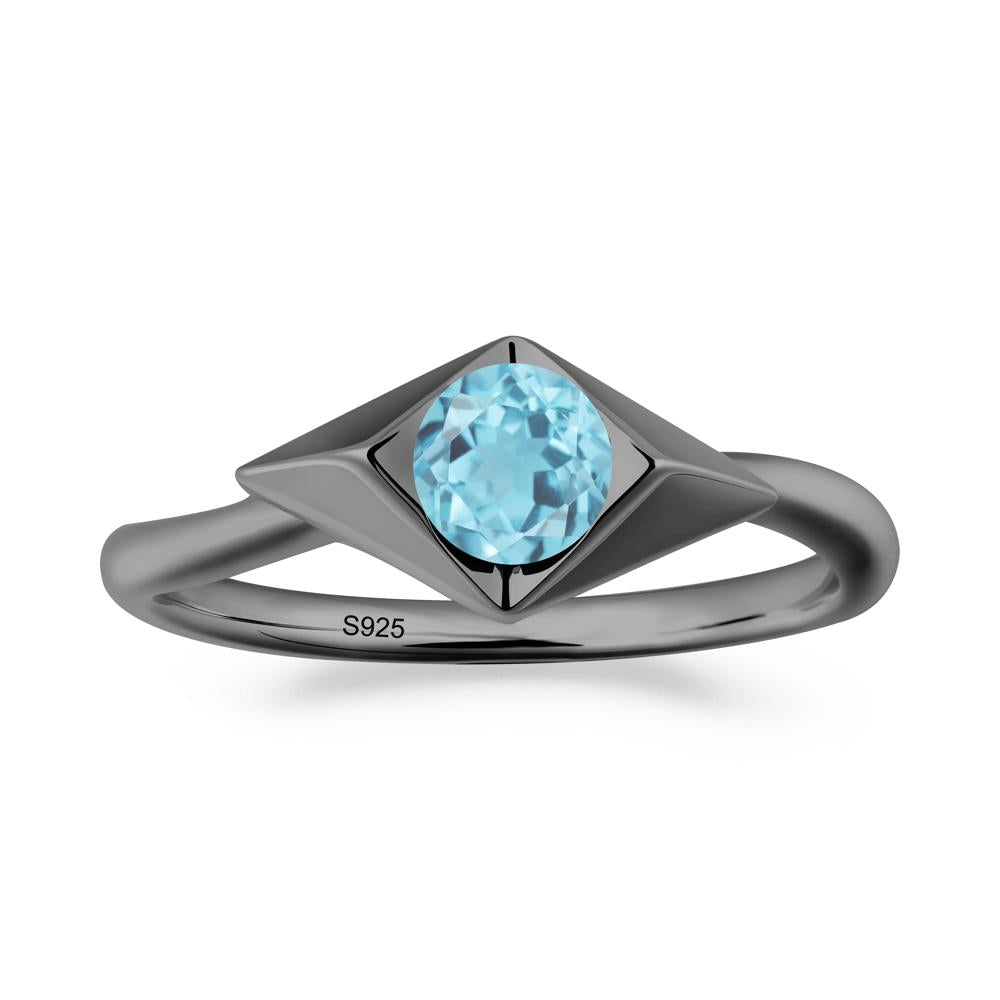 Geometric Round Swiss Blue Topaz Solitaire Ring - LUO Jewelry #metal_black finish sterling silver